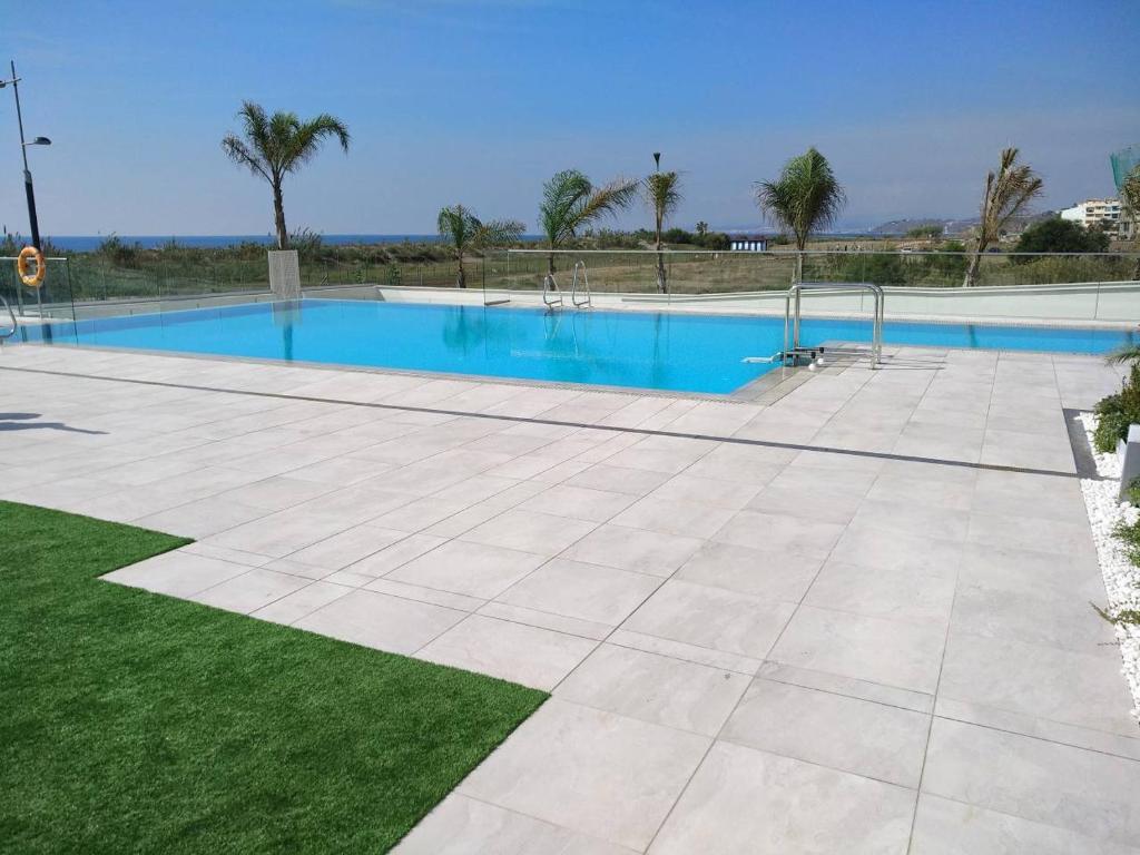 托罗克斯apartamento en primera linea de playa的一座带绿色草坪和棕榈树的大型游泳池