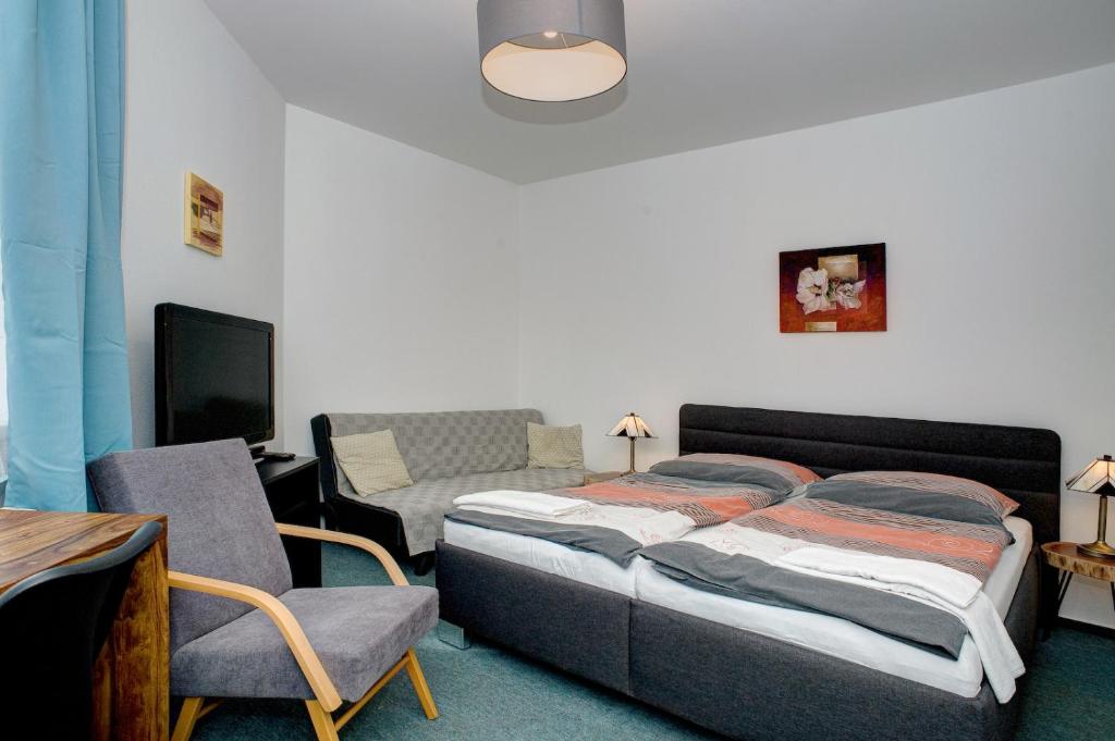 捷克布杰约维采佩贾斯特旅馆的一间卧室配有一张床、一把椅子和电视。