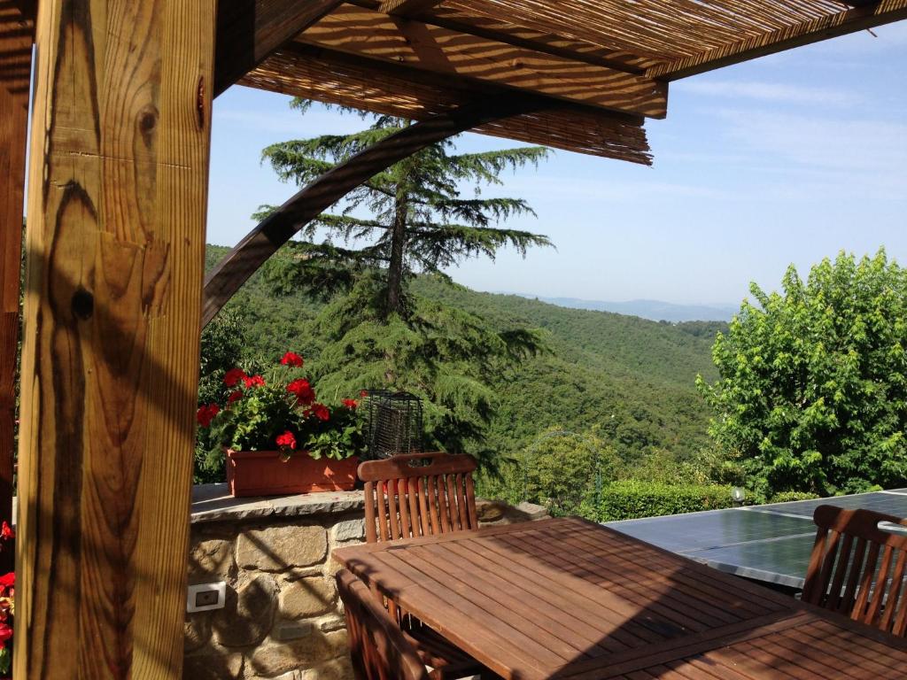 阿雷佐博尔戈诺沃迪穆丽内利农家乐的观景阳台配有一张木桌和椅子。