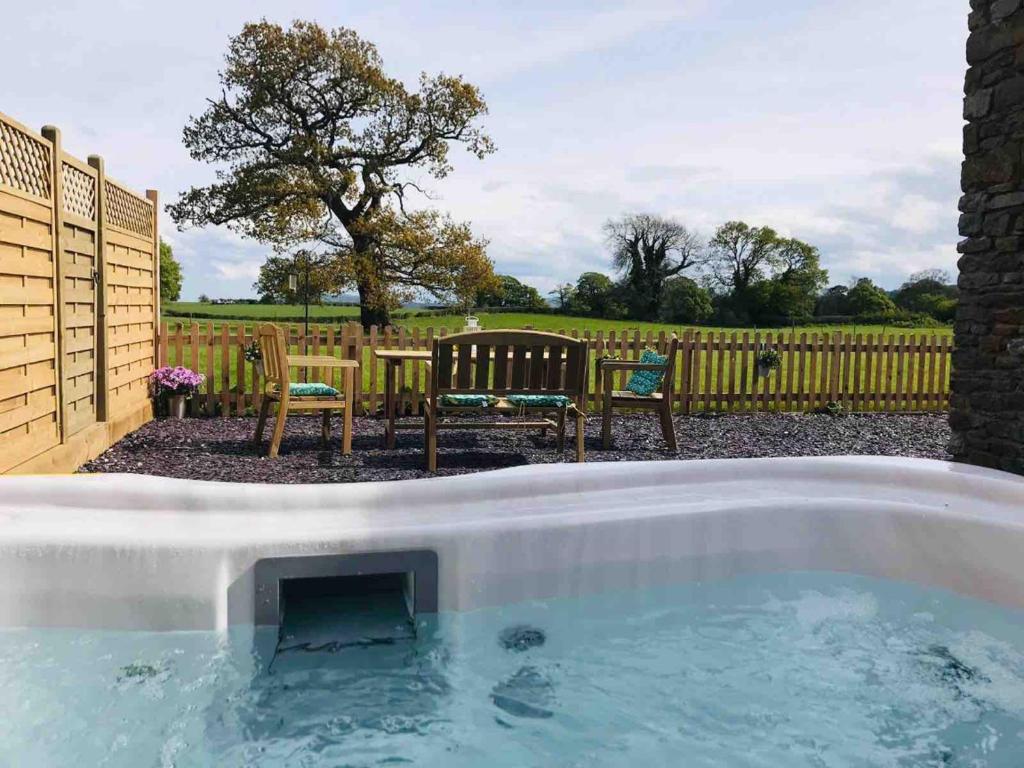 莫尔德Anvil Cottage的庭院内的热水浴池,配有桌椅