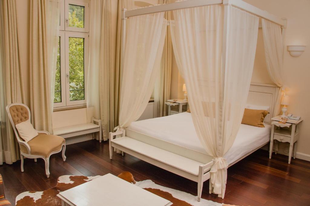 海德堡马斯塔尔别墅酒店 的一间卧室配有一张天蓬床和一把椅子