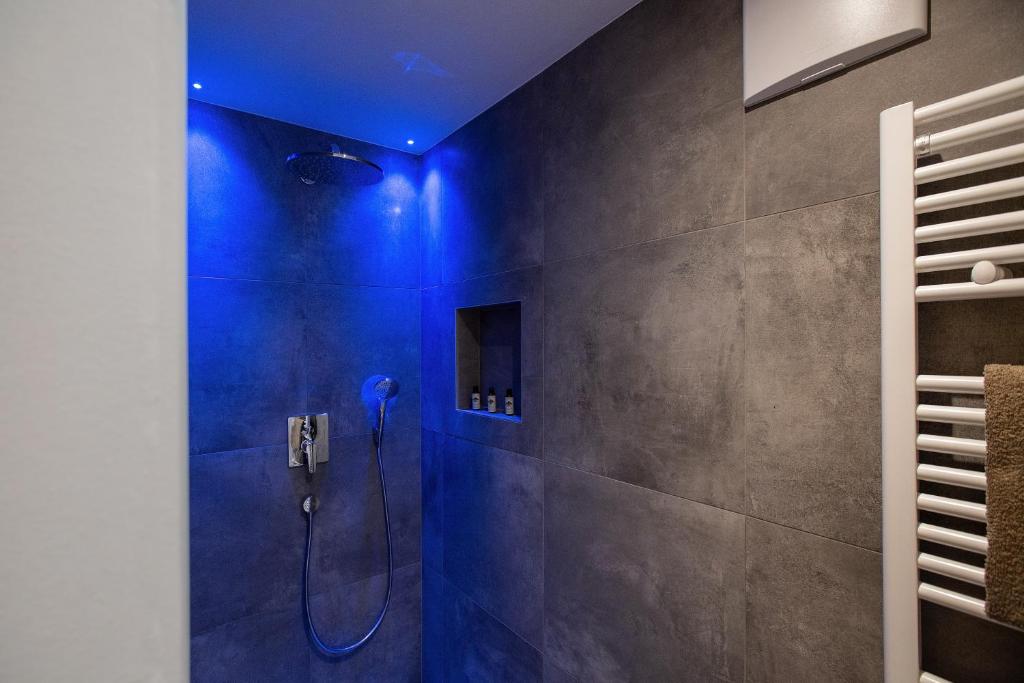 梅拉诺Residence Rösch的带淋浴的浴室和蓝色天花板