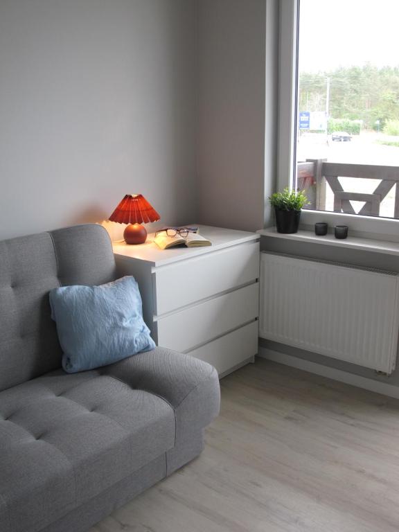 斯图托沃Apartament Mierzeja的客厅配有沙发和带台灯的桌子
