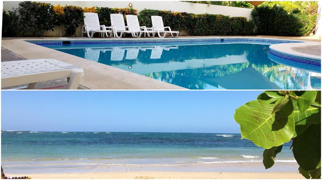 圣斐利-银港Costambar的两张带椅子的游泳池和海洋的照片