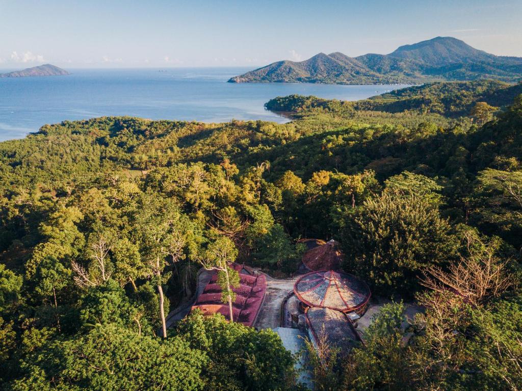 公主港奥特莱斯马鲁丛林度假屋的森林和海洋的空中景观