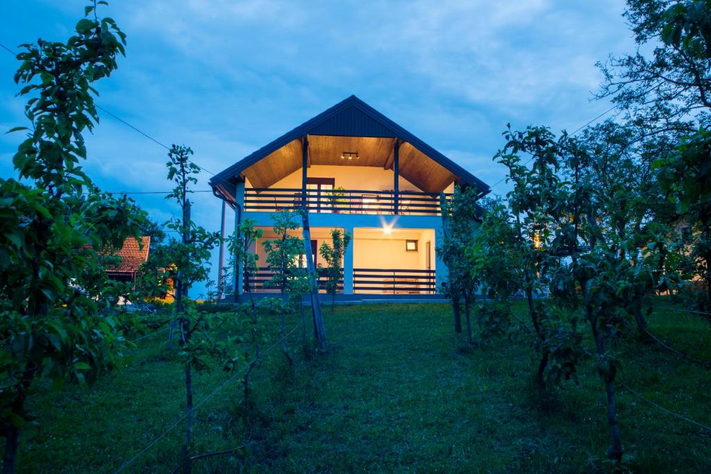 CetingradHoliday Home Dandelion with Hot Tub & Sauna的田野上蓝色屋顶的房子