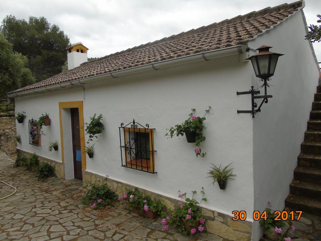 埃尔博斯克CASA EL CERRO的白色房子的一侧有鲜花