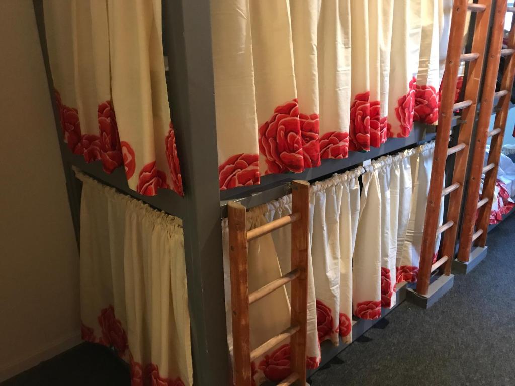 伦敦The Birds Nest Hostel的红色玫瑰的房间里一排窗帘