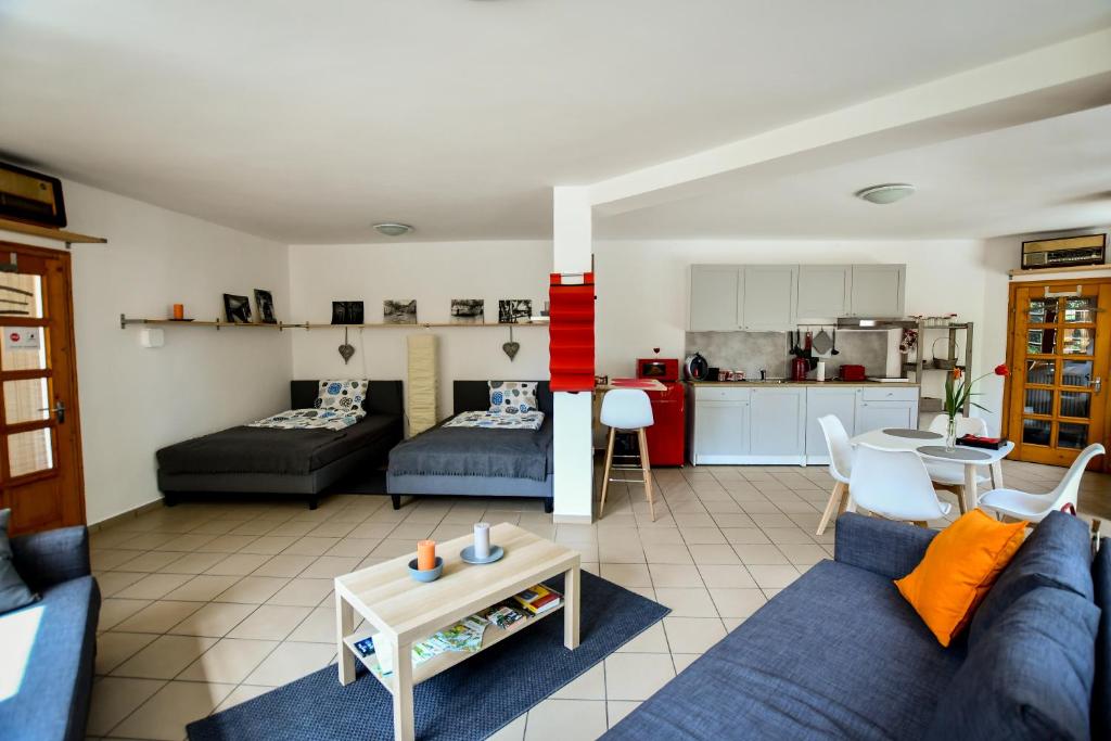 托考伊Borálom Stúdió Apartman Tokaj的一间带蓝色沙发的客厅和一间厨房