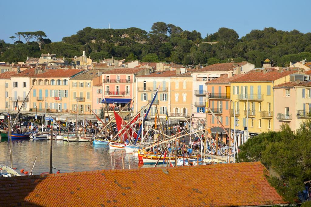 圣特罗佩Magnifique Studio à deux pas du port de Saint-Tropez的一群船停靠在港口,有建筑物