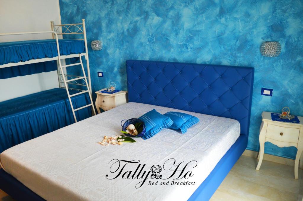 萨尔维Tally B&B的一名儿童躺在蓝色卧室的床上