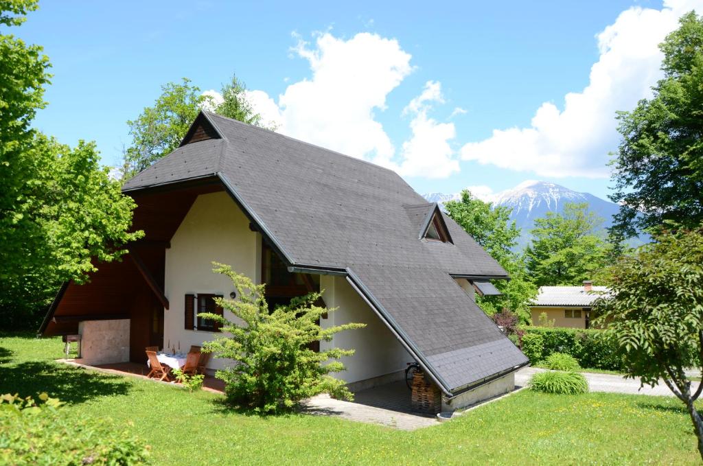布莱德Architect’s house - peaceful and minimalistic的院子里有黑色屋顶的房子