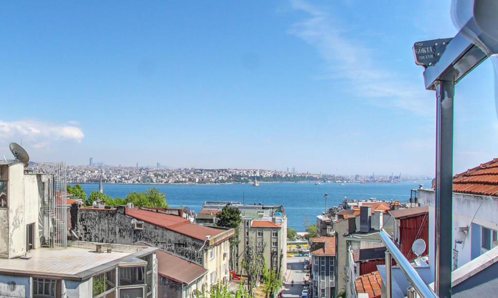 伊斯坦布尔Cihangir Palace Hotel的城市建筑的水景