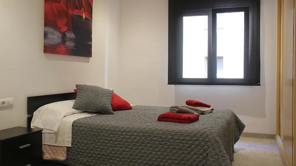 赫罗纳Apartament Margarit的一间卧室配有一张带红色枕头的床和一扇窗户