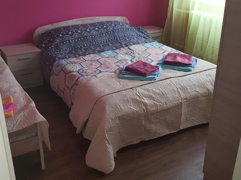 哈普萨卢Haava Apartment的一间卧室配有一张床,上面有两条毛巾