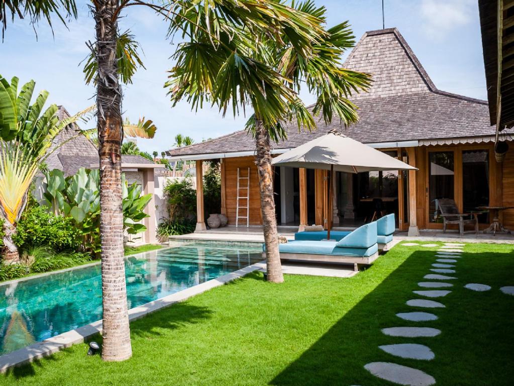 克罗柏坎杜鹃别墅的一个带游泳池和棕榈树的后院