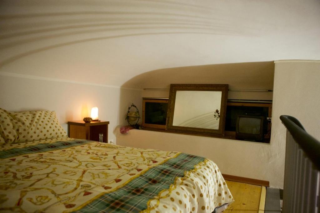 亚历山德里亚Le Corti 2的卧室配有一张床,墙上设有镜子