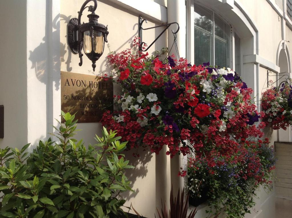 伦敦埃文酒店的挂在建筑物边的一束鲜花