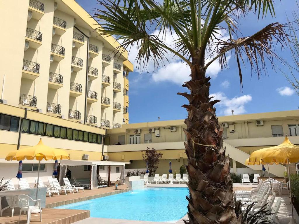 里米尼蒙马特酒店的棕榈树,位于酒店前方,设有游泳池