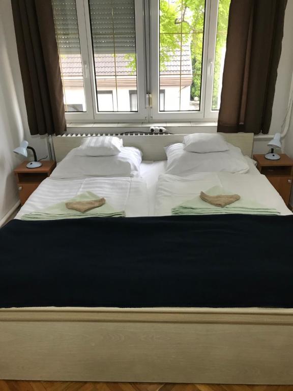 埃格尔Hív-Lak Apartman的一张带两个枕头的大床和窗户