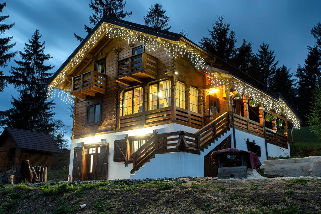 SăcelTulean Cabin的一座大型木房子,上面有圣诞灯
