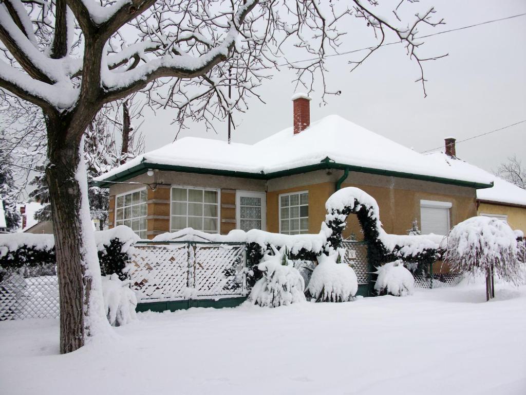 福纽德Codini Ház的雪覆盖的房屋,有栅栏