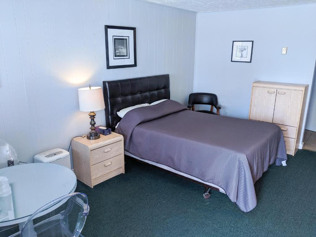 弗雷德里克顿天际线汽车旅馆 的卧室配有1张床、1张桌子和1把椅子