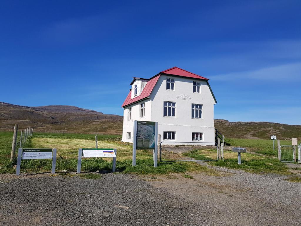 BrjánslækurBrjánslækur Gamli bærinn的山坡上一座白色大房子,有红色屋顶