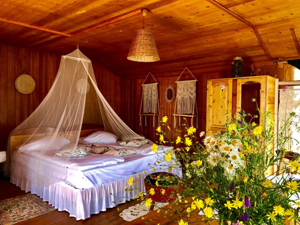 SviniţaDream Tricule的一间卧室配有一张带蚊帐的床