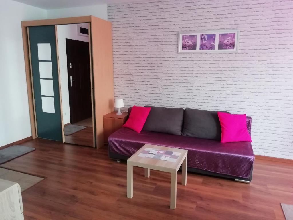 米兹多洛杰Apartament u Magdy的客厅配有紫色沙发和桌子