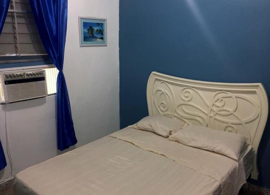 阿瓜迪亚布里萨斯博林肯公寓的卧室内的一张床铺,卧室内有蓝色的墙壁