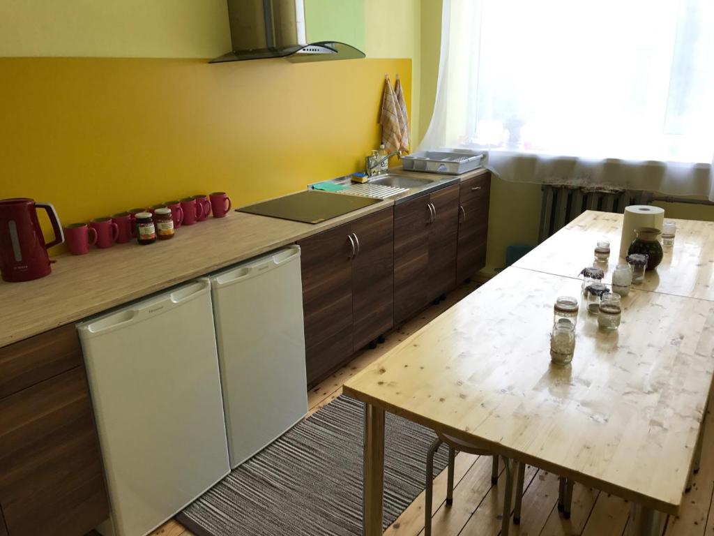 ElkšņiNaktsmītne Elkšņi的厨房配有木桌和木台面