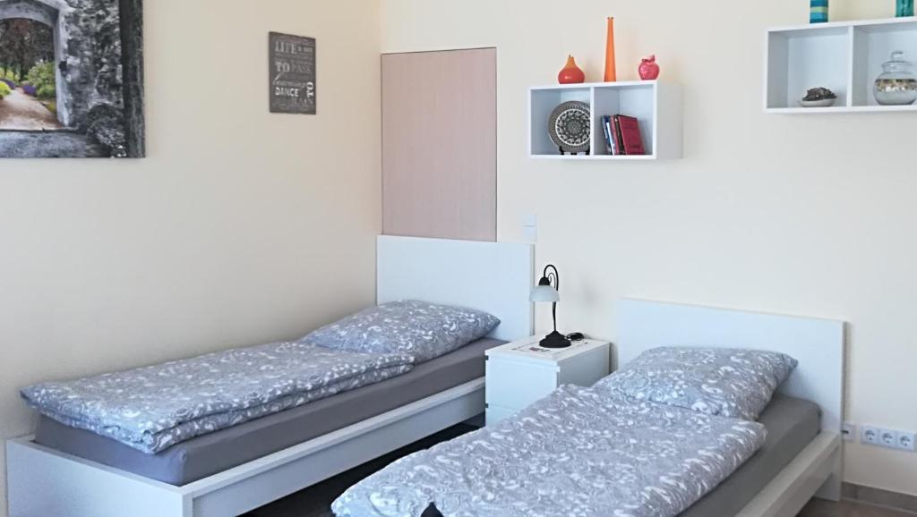 黑明根Helles 1-Zimmer-Apartment in Hemmingen/Hannover的带两张床和镜子的客房