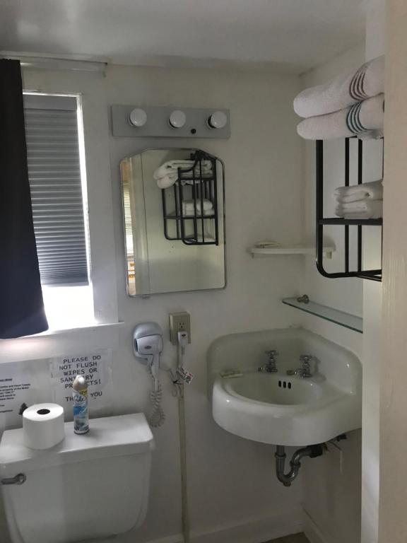 奥斯威戈Evergreen Motel的一间带水槽、卫生间和镜子的浴室