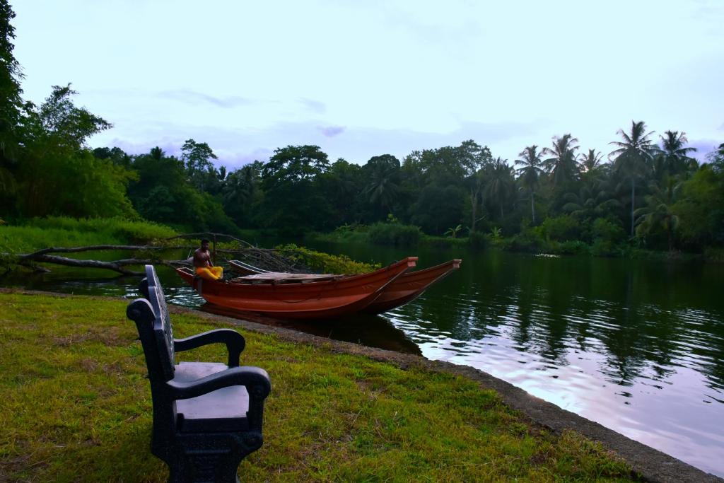 达瓦拉维splendid lake view safari lodge的坐在湖边草地上的船