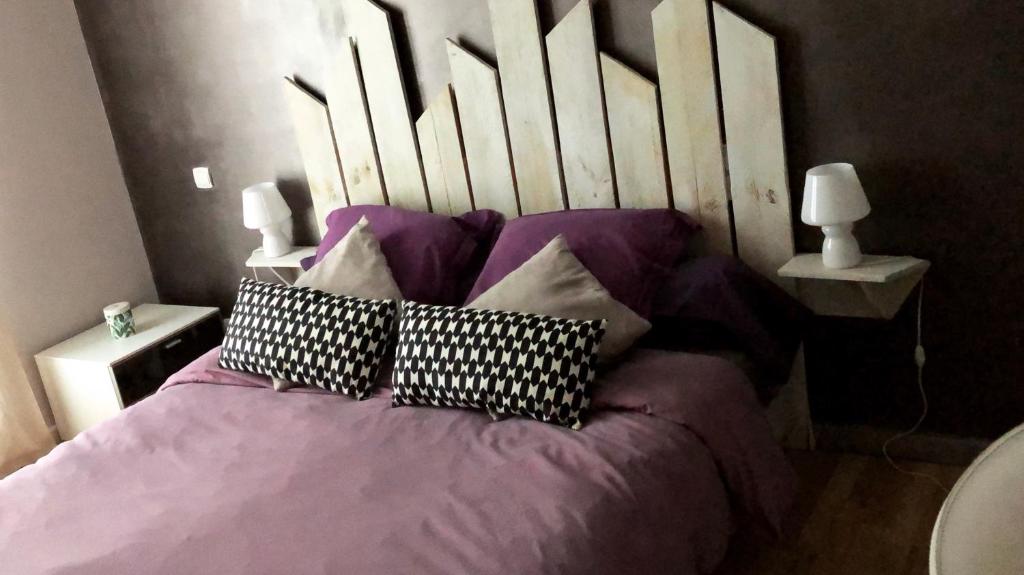 圣塞勒莱斯维Chambre et table d hotes chez Dom的卧室内的一张带枕头的床