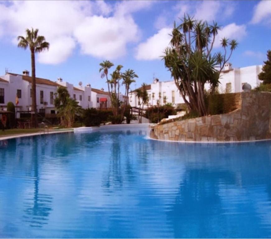 奇克拉纳－德拉弗龙特拉Real de la Barrosa的一座种植了棕榈树和建筑的大型蓝色游泳池