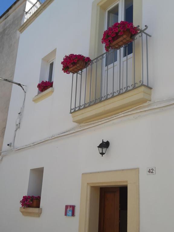 科佩尔蒂诺Iconella camere vacanze的白色的建筑,设有两个种有鲜花的阳台