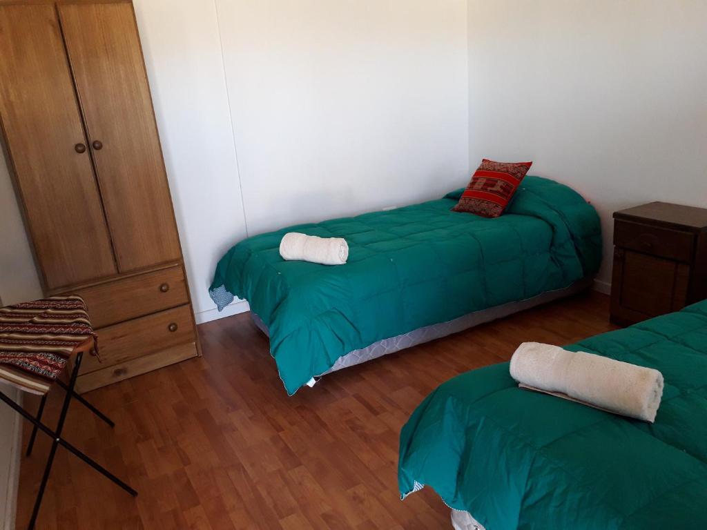 圣佩德罗·德·阿塔卡马Hostal Las Kañas的一间卧室设有两张绿色的床,铺有木地板