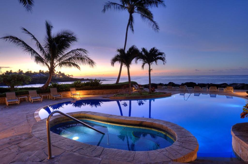 科洛阿坡伊普捕鲸湾酒店的棕榈树和海洋度假村的游泳池