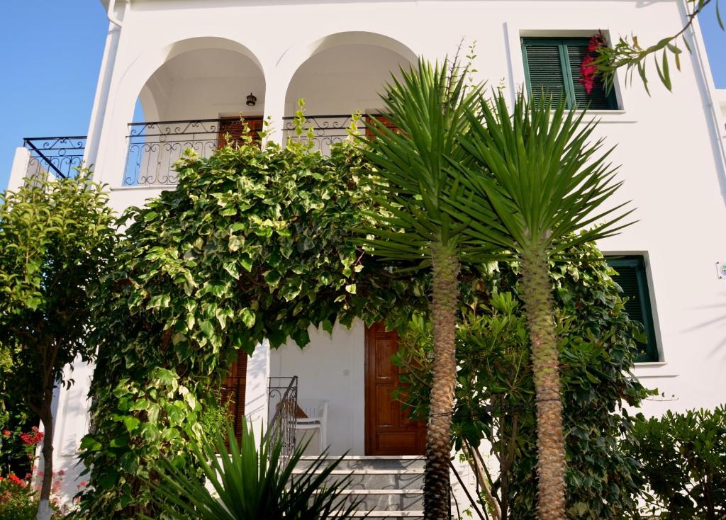罗达Kostas' Garden的一座棕榈树掩映的白色房子