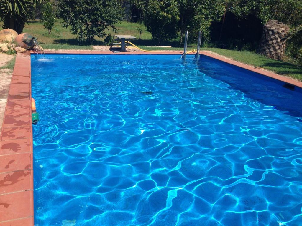 Decimomannub&b le terre cotte的庭院里的一个蓝色海水游泳池