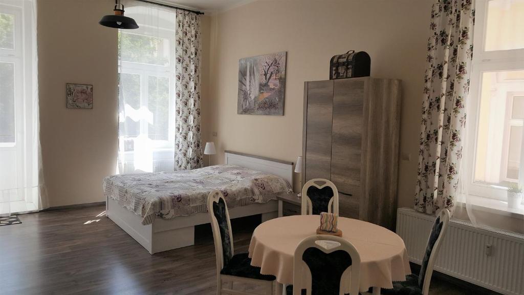 玛丽亚温泉Apartment Marienbad Hlavni 131/50的卧室配有一张床和一张桌子及椅子