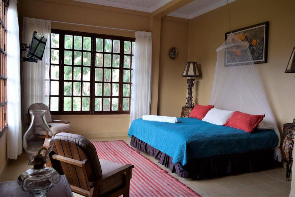 Villa AbeciaParador Viña de Pereira的一间卧室设有一张床和一个大窗户