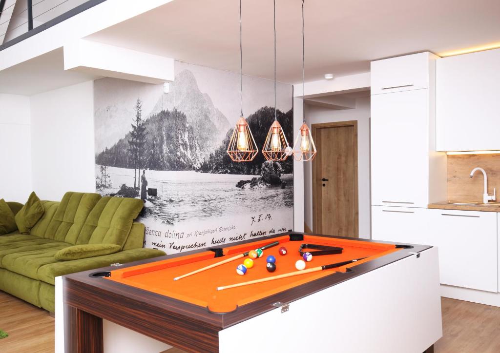 克拉尼斯卡戈拉Jasna Chalet Resort的客厅配有乒乓球桌