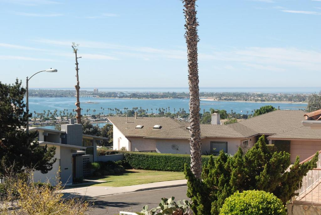圣地亚哥3 Bedrooms Guest House, Pacific Beach, Sea World, Downtown,& 3 bus lines-3的庭院里的棕榈树,享有水景