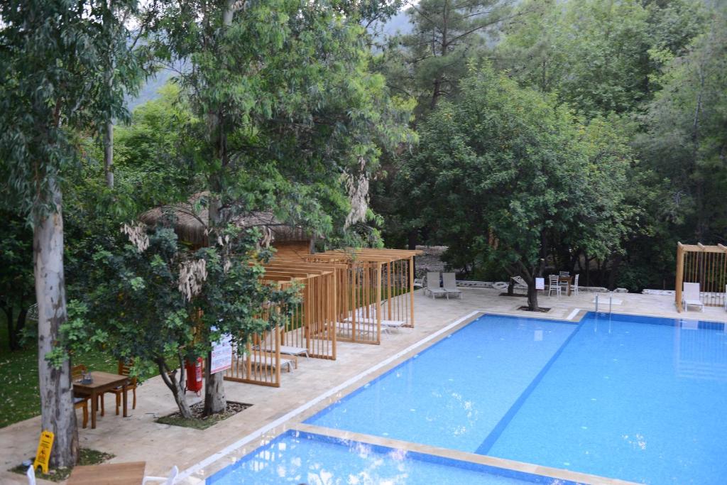 费特希耶Suna Village Hotel & Bungalow Fethiye的庭院内的游泳池,有桌子和树木