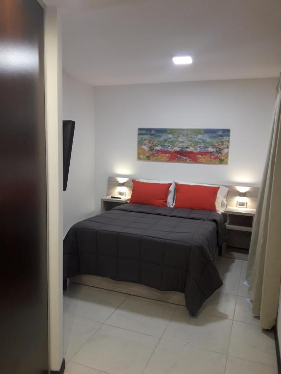 里奥夸尔托Departamento Torre Sofitel的一间卧室配有一张带两个红色枕头的床