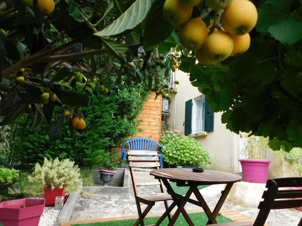 Mirabel-aux-Baronniesvilla les Pins的树旁的木桌和椅子,有橘子