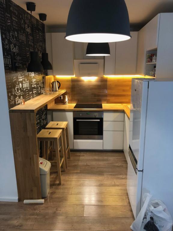 米哈洛夫采Apartmán v centre Michaloviec的厨房配有白色家电和黑白冰箱。
